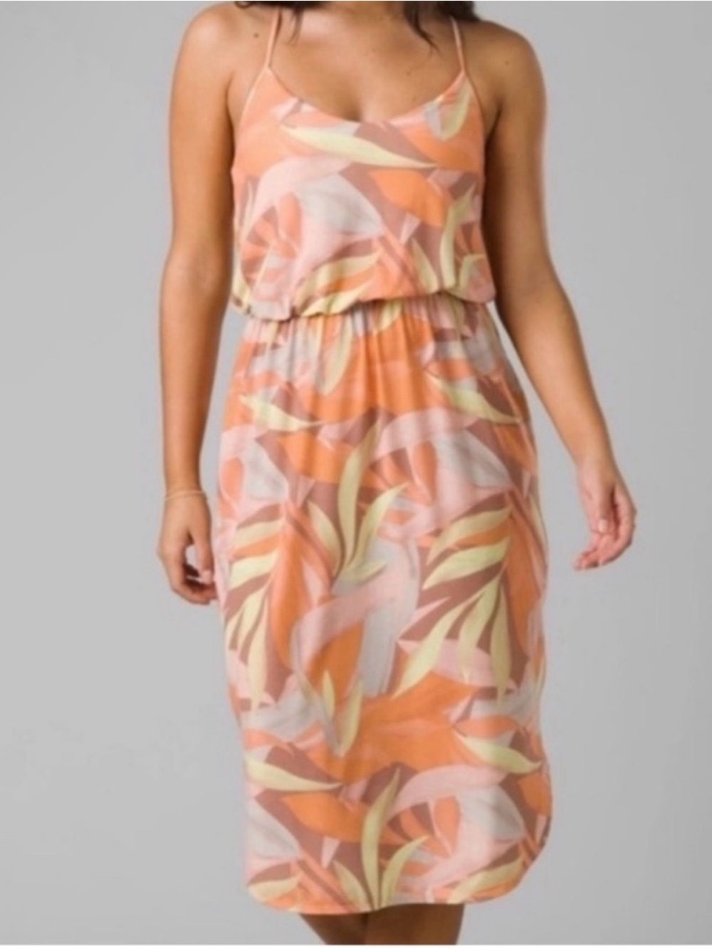 Prana Peach & Coral Tropical-Print Spaghetti Strap Midi Dress